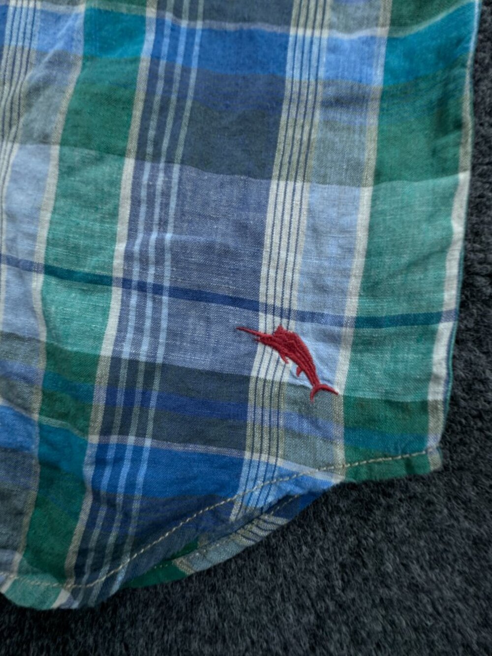 Tommy Bahama All Linen Plaid Logo Large Blue Green Button Up Long Sleeve Beach - Picture 6 of 16